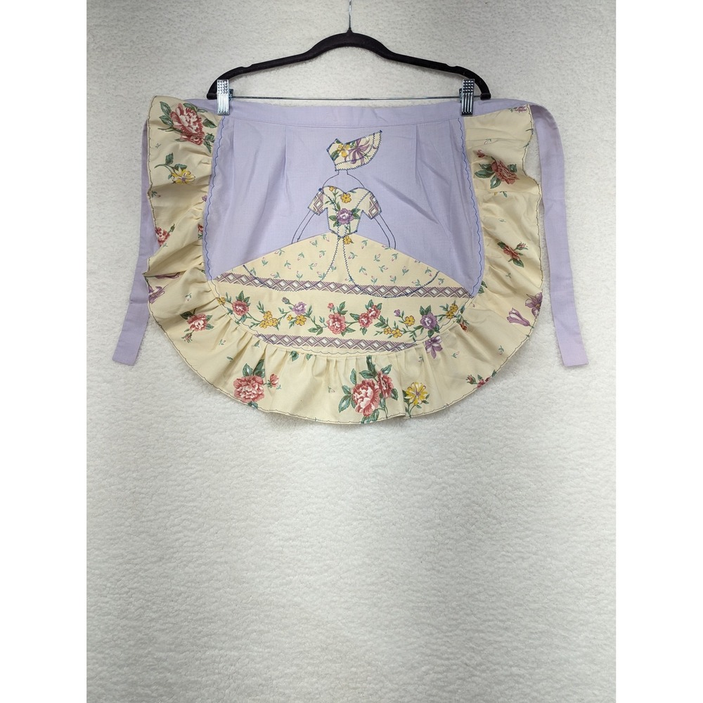 Vintage Floral Apron Lavender Pocket Accent Ruffle Trim Cottagecore Kitchen 52"